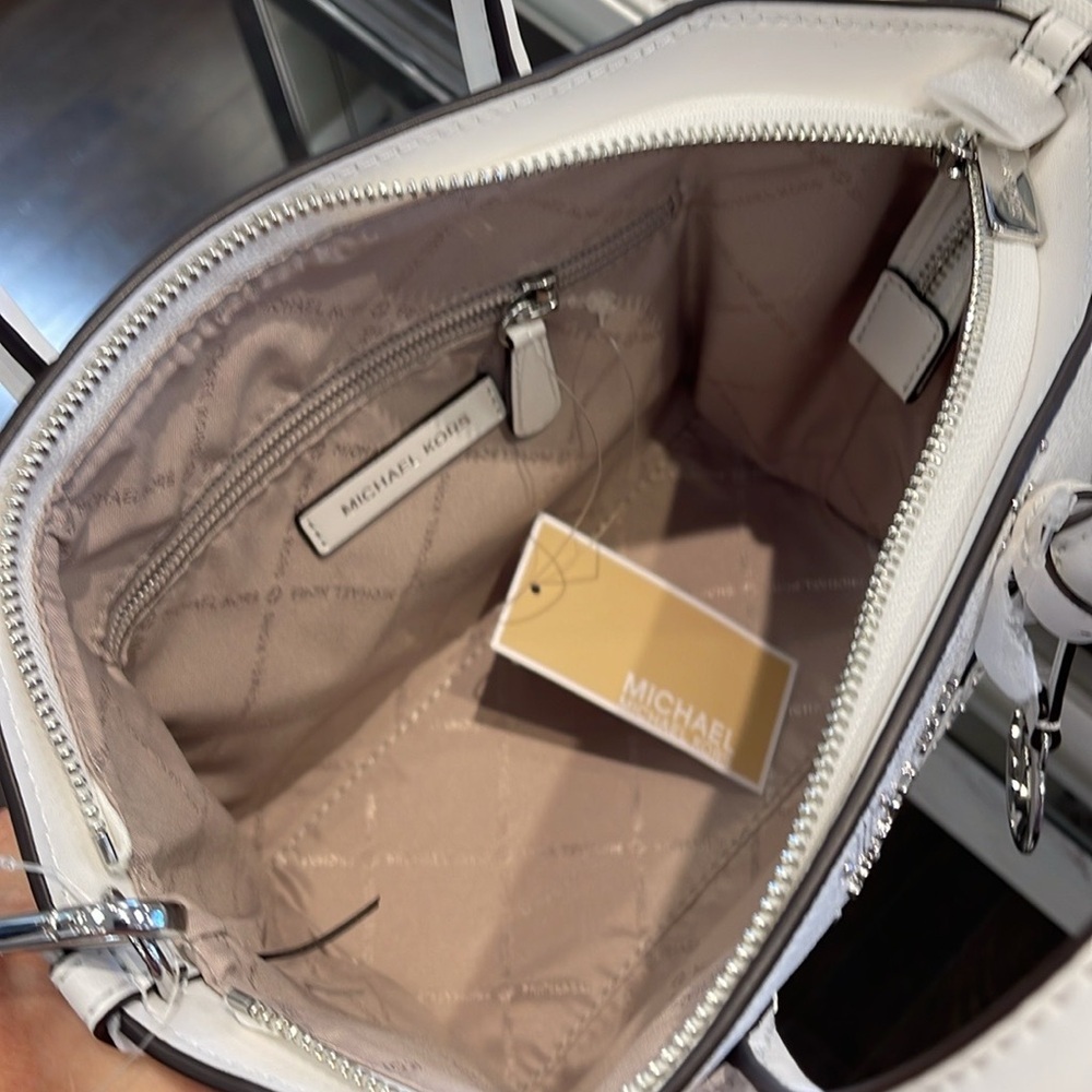 Michael Kors Avril Small Studded Patchwork and Signature Logo Satchel Crossbody - Picture 15 of 16